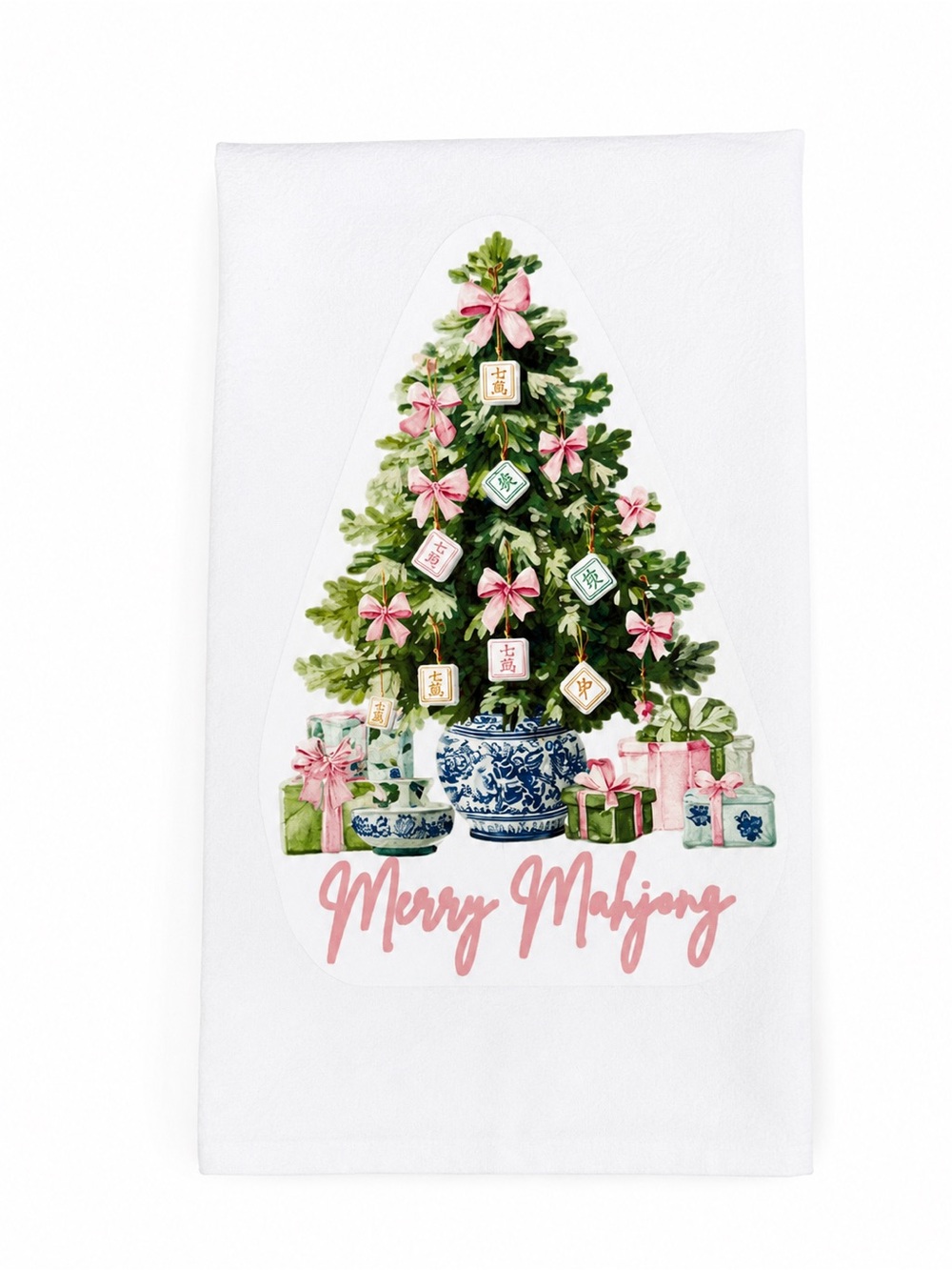 White 'Merry Mahjong' Holiday Kitchen Towel with Pink and Green Tree Design